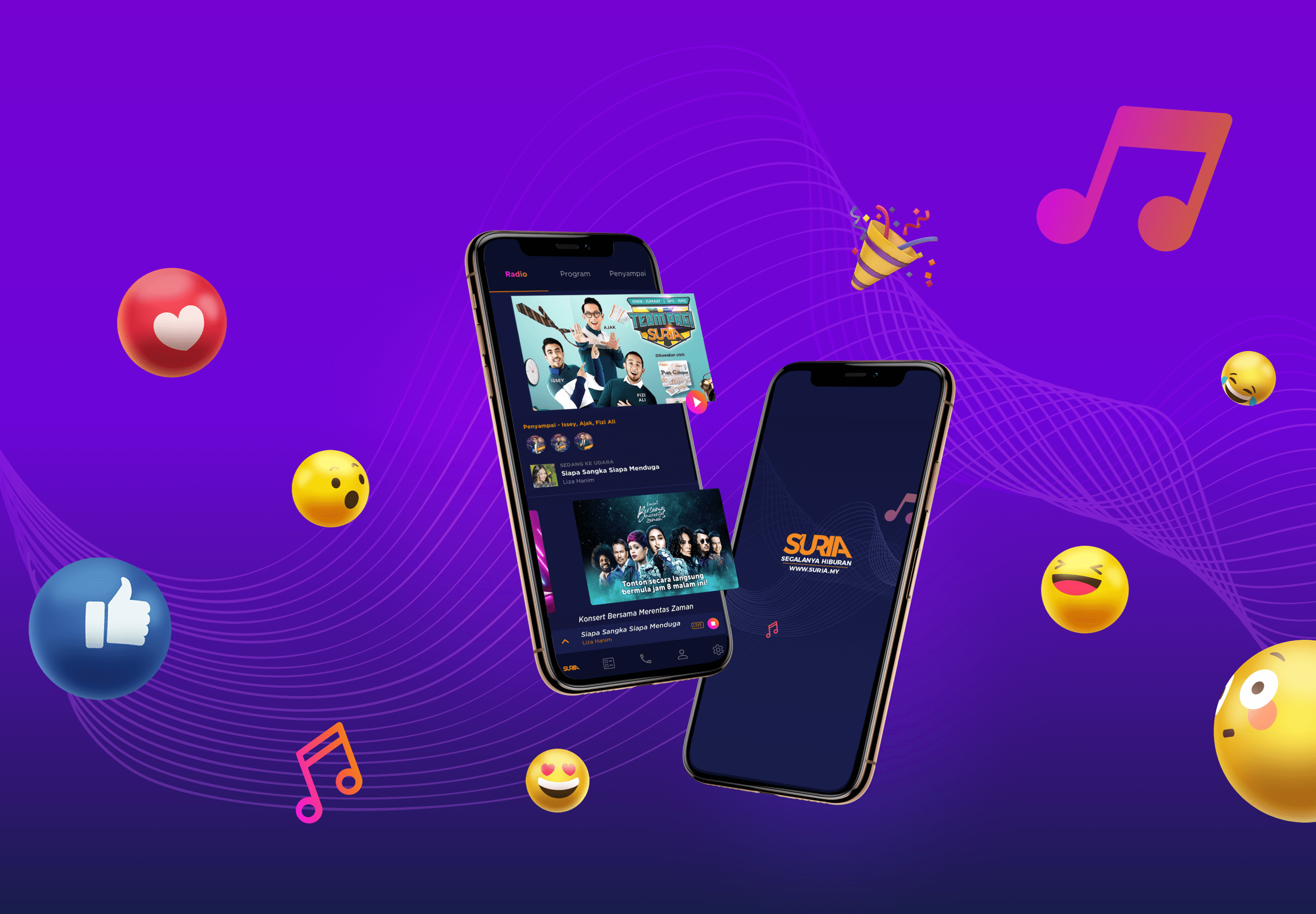 Suria FM radio apps showcasing the home page features with dark mode theme