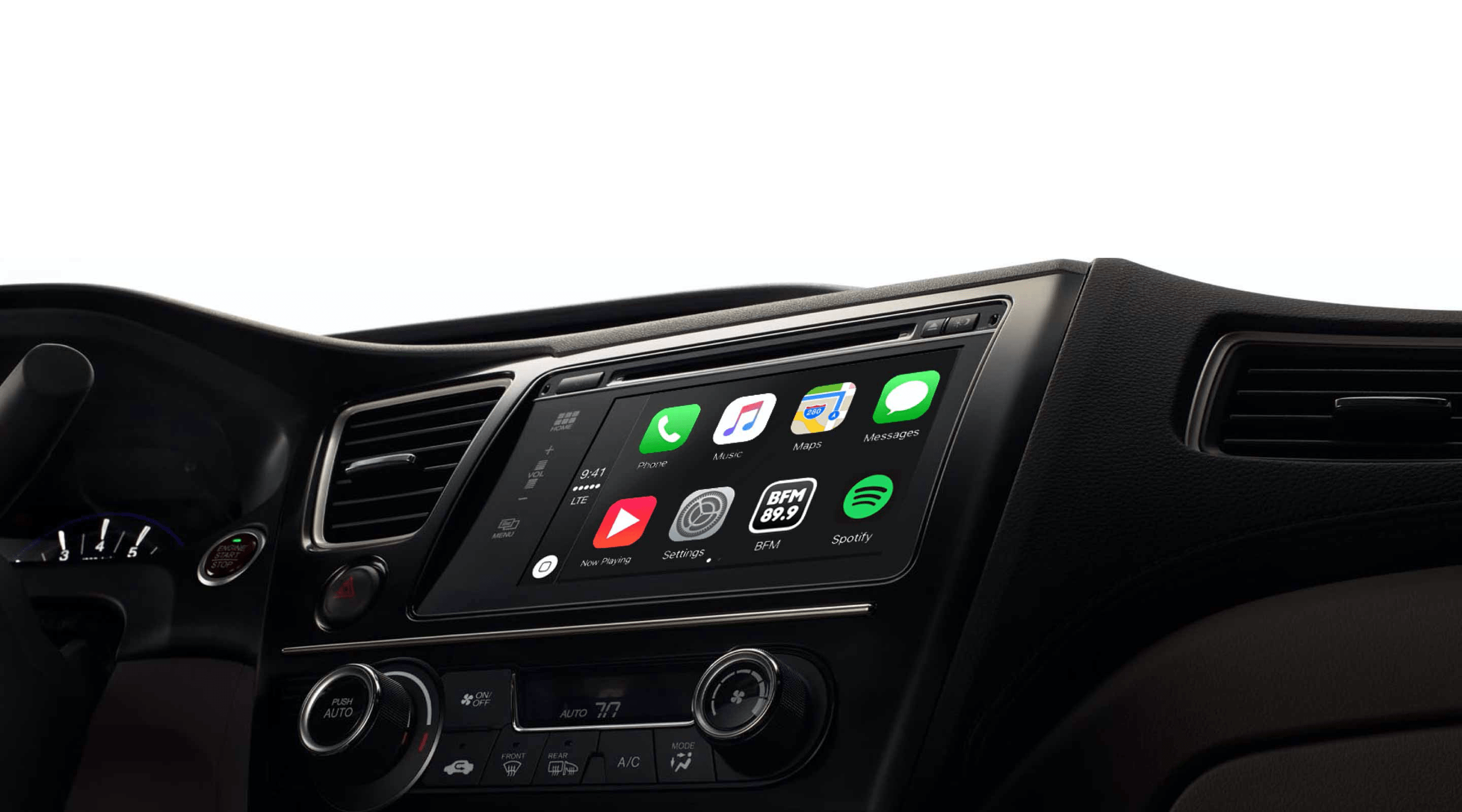 BFM radio app icon on Apple CarPlay home screen displayed in a car infotainment system with a touchscreen built-in display